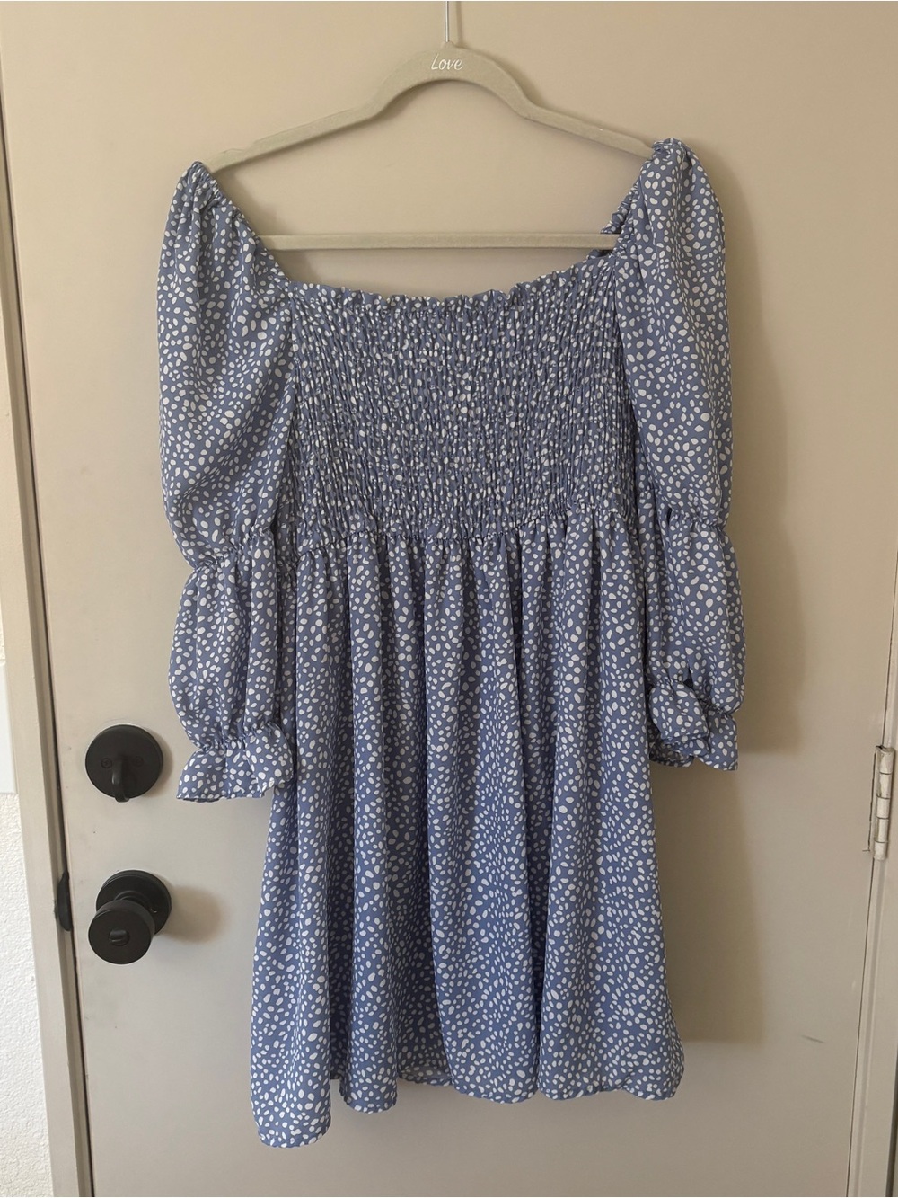 Smocked Off-Shoulder Blue Polka Dot Dress